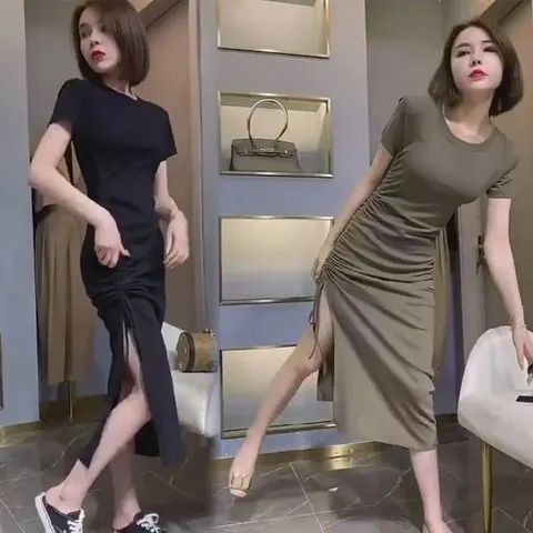 2025 New Summer Elastic Slim Fit Arm-Hugging Tie Side Slit Long Dress Women's Short-Sleeved T-Shirt Drawstring Dress