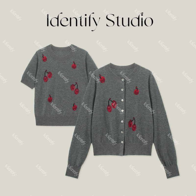 Identify Autumn New French Style Round Neck Cherry Jacquard Knitted Short Sleeve Cardigan Two-Piece Set 26Awe07222 Identify Autumn New French Style Round Neck Cherry Jacquard Knitted Short Sleeve Cardigan Two-Piece Set 26Awe07222