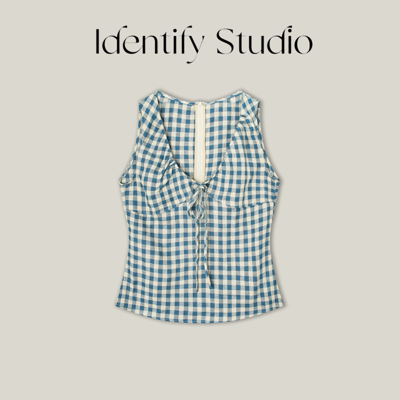 Identify Spring and Summer New Collection Round Neck Tie Design Blue and White Plaid Linen Vest 26Ssn050544 Identify Spring and Summer New Collection Round Neck Tie Design Blue and White Plaid Linen Vest 26Ssn050544
