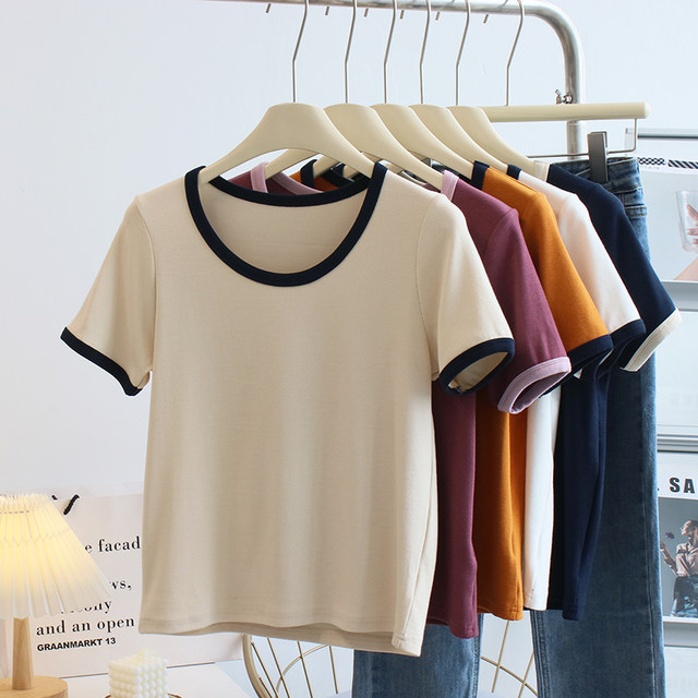 Contrast color casual round neck T-shirt women's summer 2023 new thread cotton all-match thin short-sleeved top bottoming shirt tide