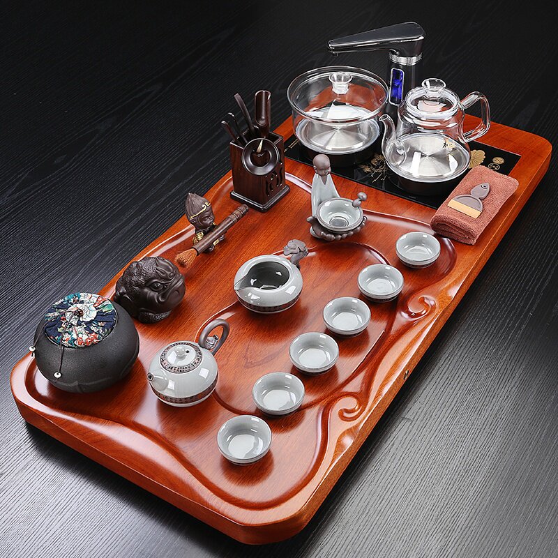 Kung Fu tea set set Pear solid wood tea tray Automatic tea set fast furnace four-in-one household simple