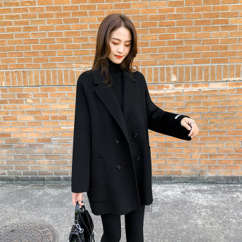 Black slim double-sided cashmere woolen coat for women mid-length