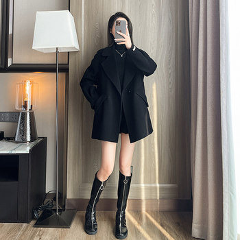 Black high-end double-sided cashmere coat for women mid-length