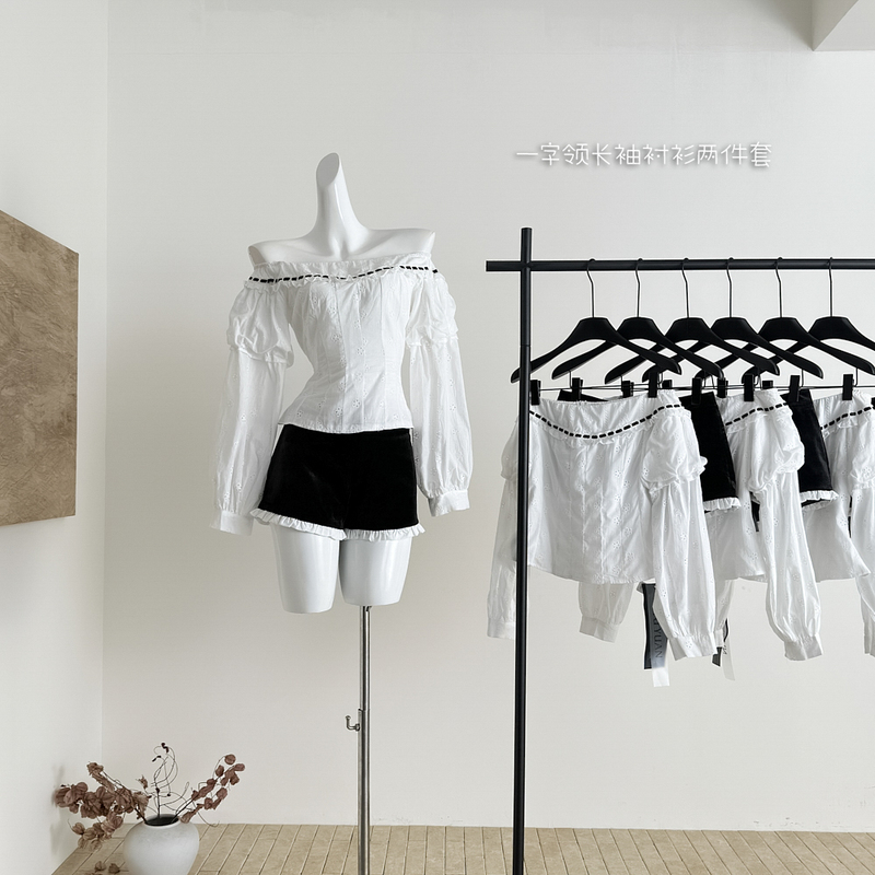 Elegant White Tea-Colored South French Style One-Shoulder Waist-Cinching Long-Sleeve Shirt for Women with Hollow Embroidery