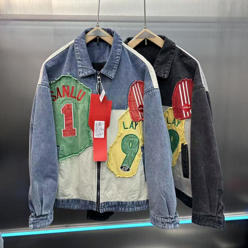 Su Jin 3 Autumn Men's and Women's Trendy High Street Washed Patch Embroidered Denim Lapel Denim Jacket Coat Jk86031 Su Jin 3 Autumn Men's and Women's Trendy High Street Washed Patch Embroidered Denim Lapel Denim Jacket Coat Jk86031