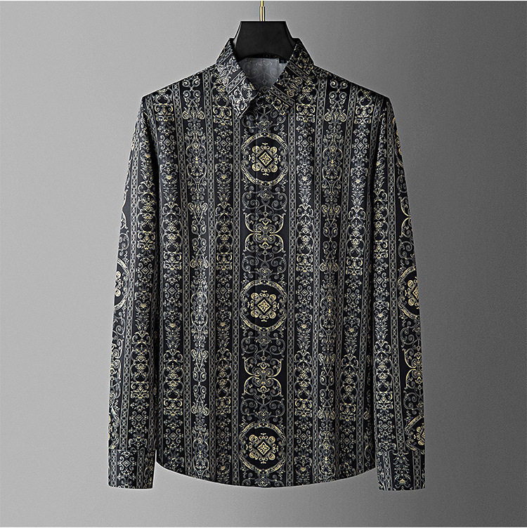 Джинсовая рубашка 高档新品金色宫廷花印花男士免烫抗皱长袖衬衫时尚欧美风修身衬衣 YIFENGYUANSU