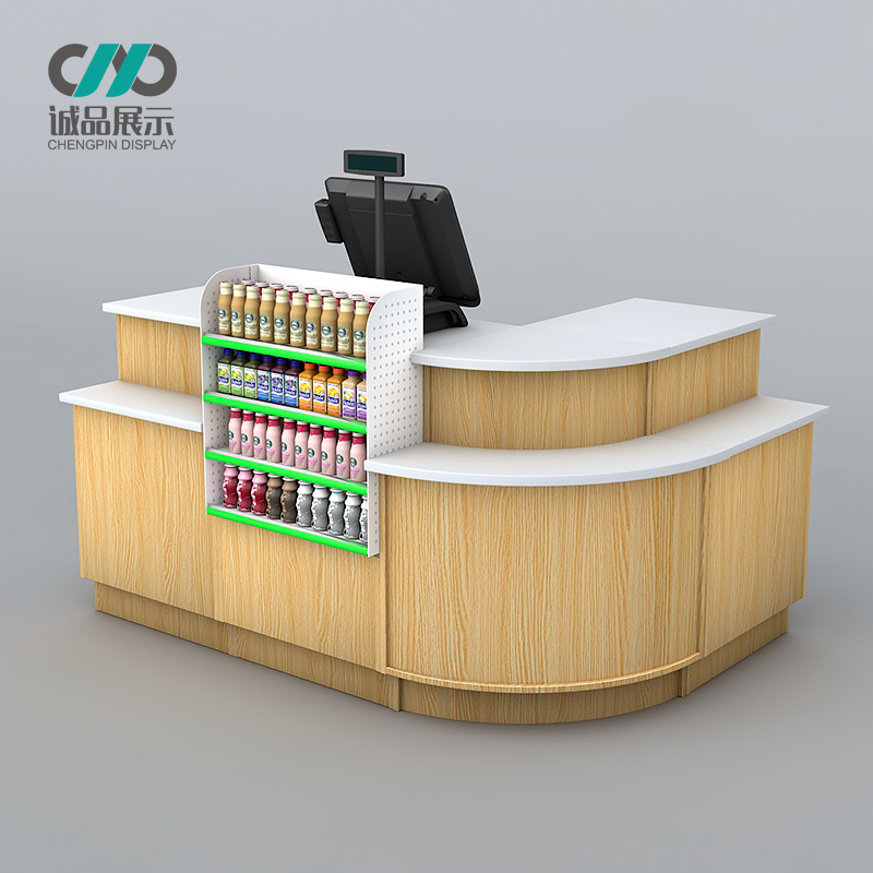 Supermarket cash register counter convenience store pharmacy mother and infant store wooden display counter simple modern arc corner cabinet shelf