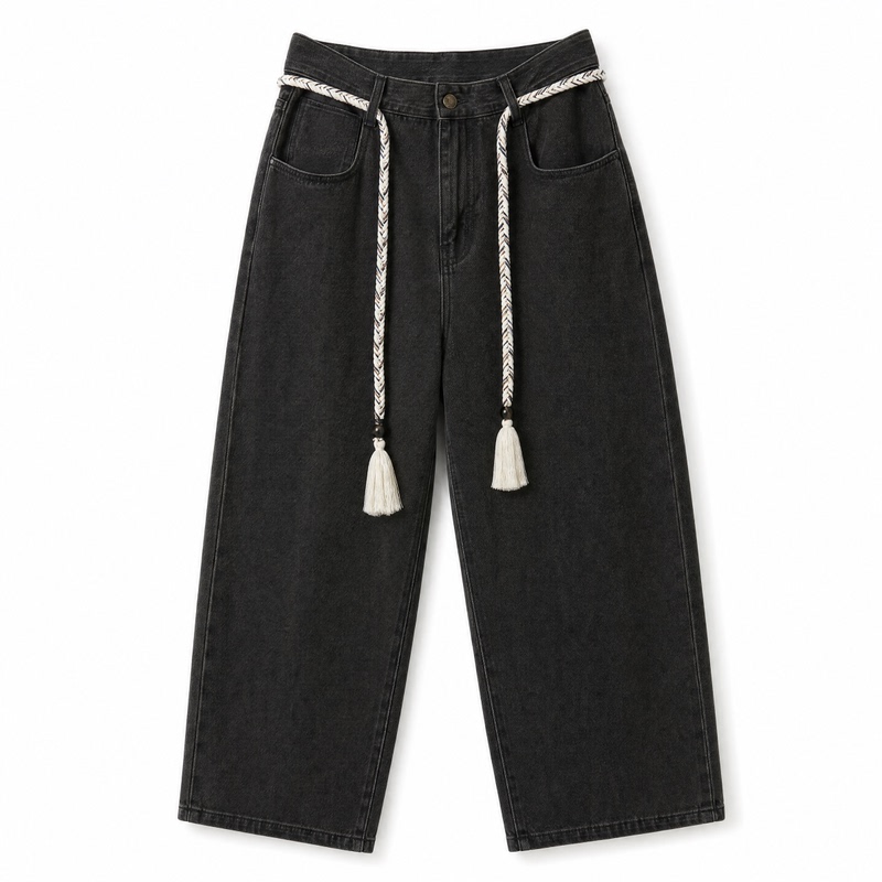 Simple Neutral Style High-Waisted Tie-Waist Scimitar Pants for Women, Black Slimming Versatile Wide-Leg Jeans/5715 Simple Neutral Style High-Waisted Tie-Waist Scimitar Pants for Women, Black Slimming Versatile Wide-Leg Jeans/5715
