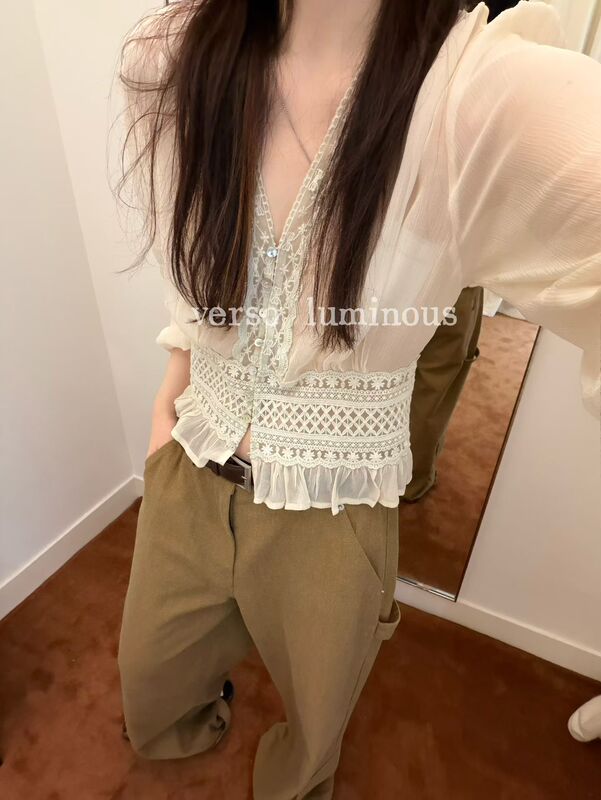 Verso Elegant Lace Exquisite Patchwork V-Neck Shirt for Women 2026 Early Autumn New Style Verso Elegant Lace Exquisite Patchwork V-Neck Shirt for Women 2026 Early Autumn New Style