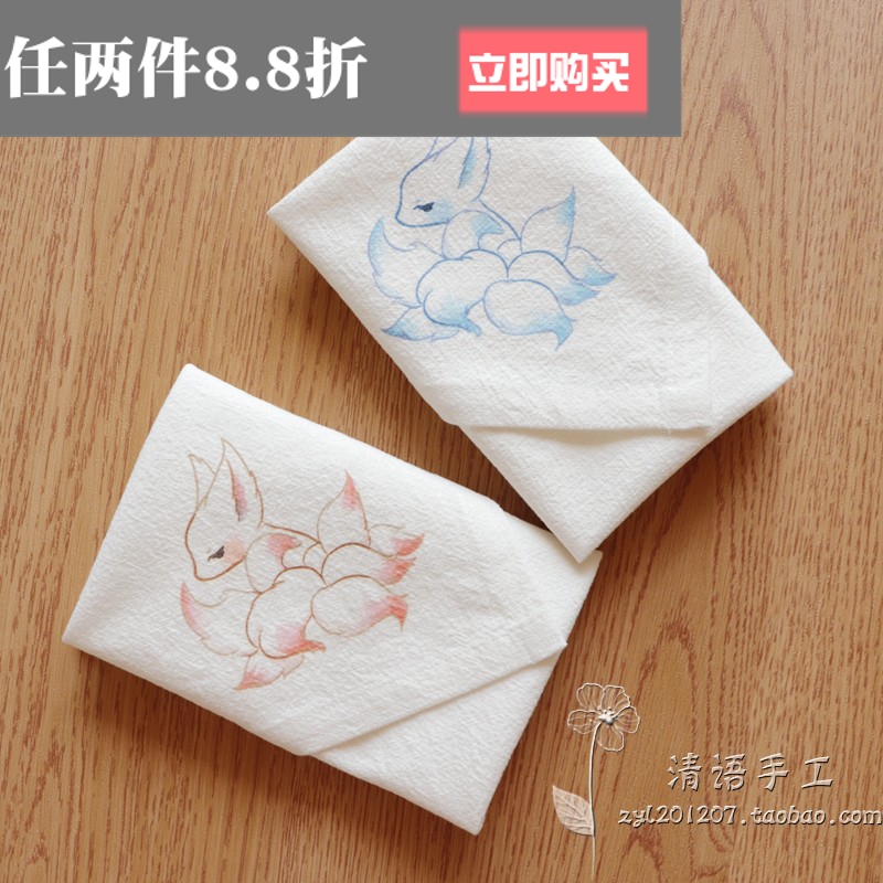 Ancient wind sweaty handkerchief Customized ancient Chinese wind handkerchief Ms Fang towel suction sweaty hand painted full cotton Nine-tailed fox