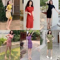 2021 springtime retro fit dress in pure color bag gluteal dress with long and thin underskirt and dress for women