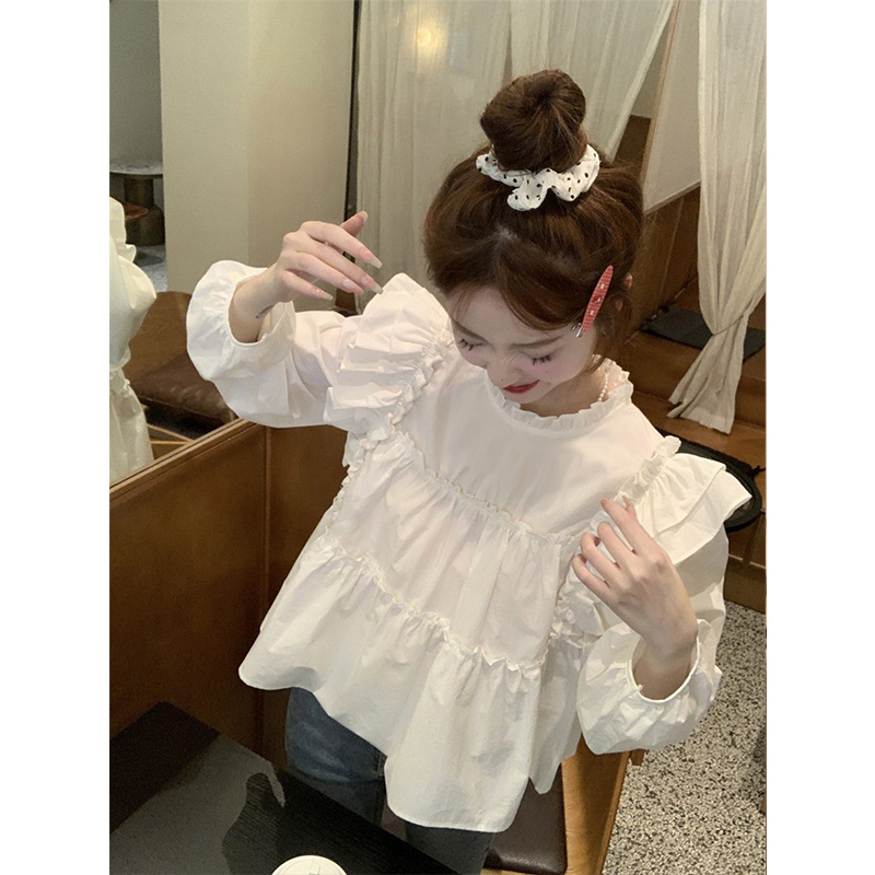 French-Style Sweet Ruffled Flutter-Sleeve Blouse for Women, Spring and Autumn 2026 New Loose Versatile Pleated Long-Sleeve Top