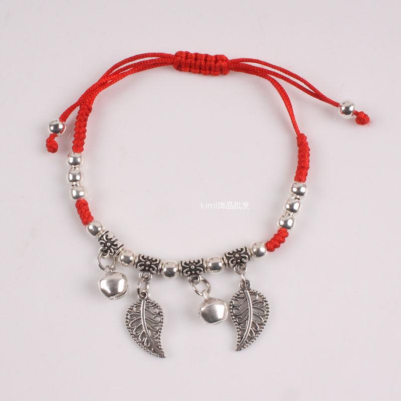 Chuông bạc kim loại Tây Tạng lá bện dây thừng đỏ bện có thể được sử dụng như vòng chân Nghĩa trang sức nhỏ - Vòng chân vòng đeo chân