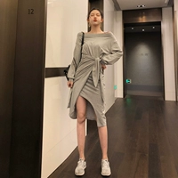 Phụ nữ mùa thu 2018 mới phiên bản Hàn Quốc của cổ áo mỏng một chữ eo màu tinh khiết dài tay đầm khí chất nữ tính thủy triều 	váy hạ eo	