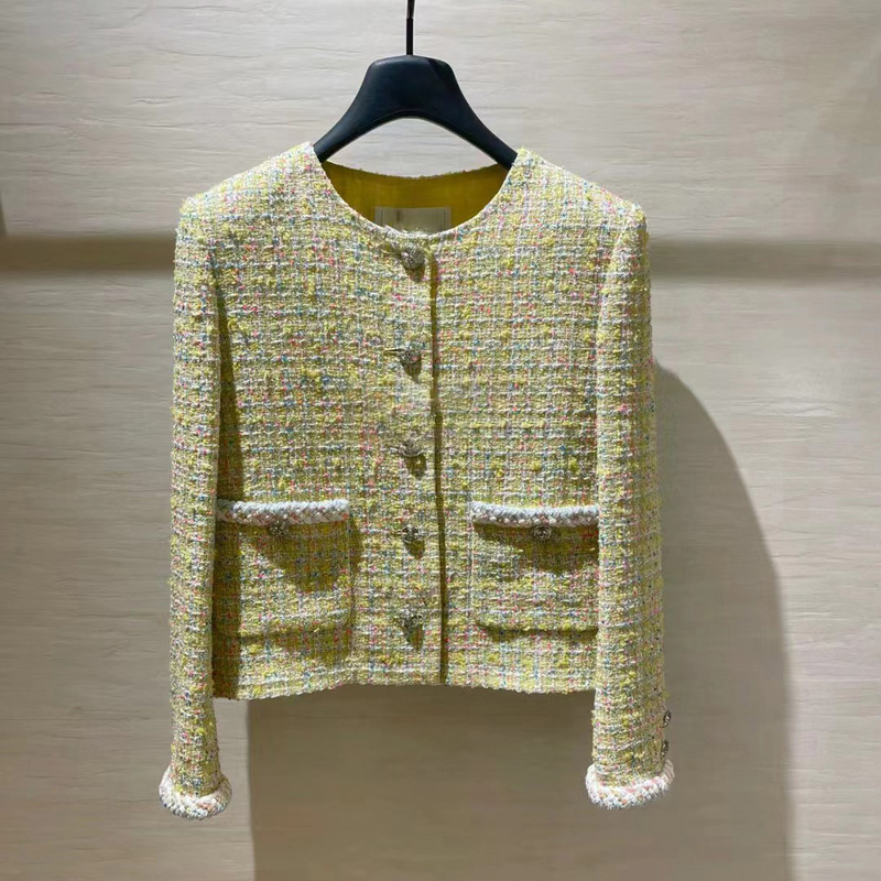 Ceiling Star Wang Yibo's Same Style 25C Early Spring Yellow Tweed Small Fragrant Style Jacket Women's Silk Lining Top