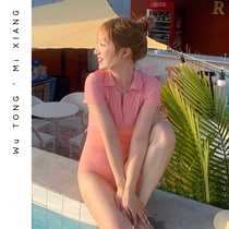 South Korea Ins Conjoined Swimsuit Womens Covered Belly Short Sleeves Beach Seaside Spa Holiday Swimsuit Conservative Powder