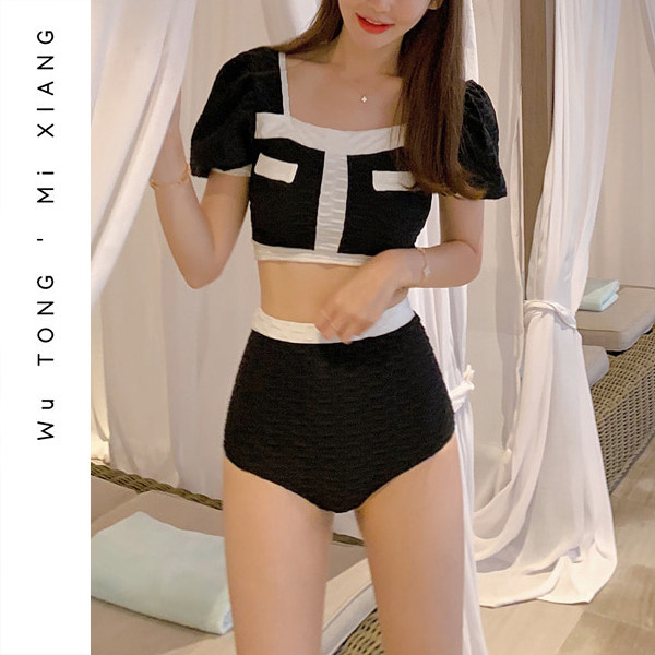 South Korea's new two-piece swimsuit women's high waist cover with slim short sleeves conservative seaside spa students Black bikini