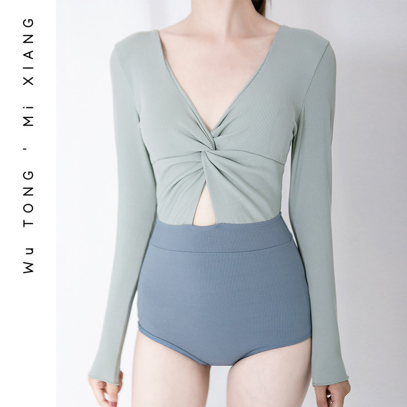 South Korea Ins swimsuit Swimsuit Women's Collage Sexy Open-back Shade with slim long sleeves Belly Hot Springs Beach