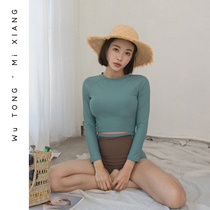 INS Korean sexy long-sleeved beach diving surfing split steel bracket small chest gathered high waist vintage swimsuit for women