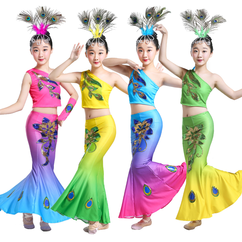 chinese Dai dance costume for girls children peacock dance costumes girl belly dance fishtail skirt performance dress