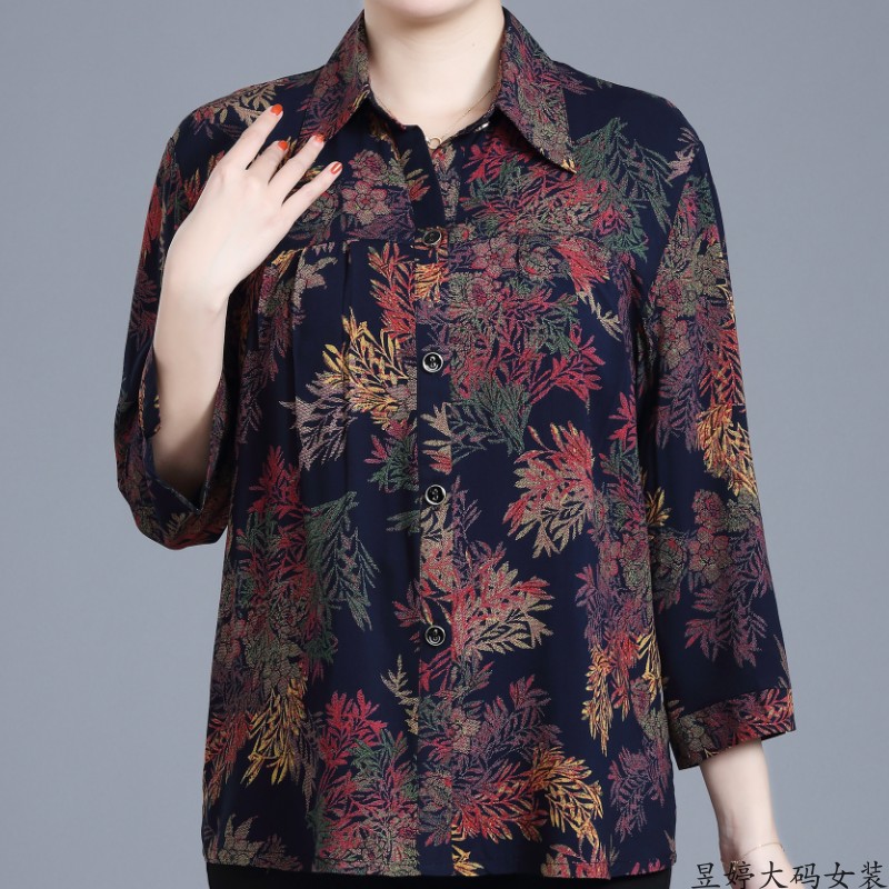 Mother's Spring Clothing Artificial Cotton Shirt for 60-70 Year Old Middle-Aged and Elderly Women, Elderly Clothing, Grandma's Clothing, Long-Sleeved Cotton Silk Shirt