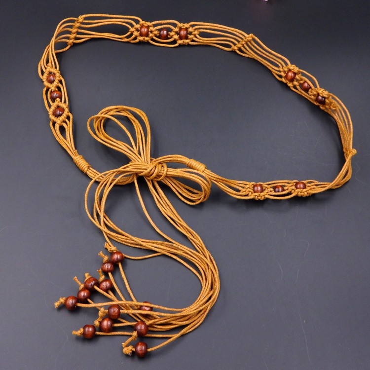 Female bohemian national style decorative thin belt beaded woven tassel bow dress waist refining