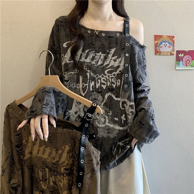 Plus-Size Ripped One-Shoulder Off-Shoulder Long-Sleeve T-Shirt for Women, New Spring and Autumn Style, Loose Fit, Slimming, Covers Body Fat, Top for Chubby Women Plus-Size Ripped One-Shoulder Off-Shoulder Long-Sleeve T-Shirt for Women, New Spring and Autumn Style, Loose Fit, Slimming, Covers Body Fat, Top for Chubby Women