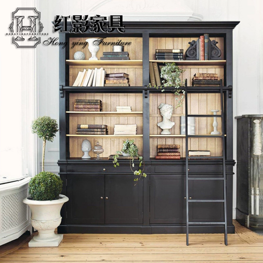 Tủ sách phong cách mỹ có thang, tủ sách gỗ nguyên khối phong cách Châu Âu, tủ để đồ, tủ sách ba cánh retro, nội thất phòng học - Buồng