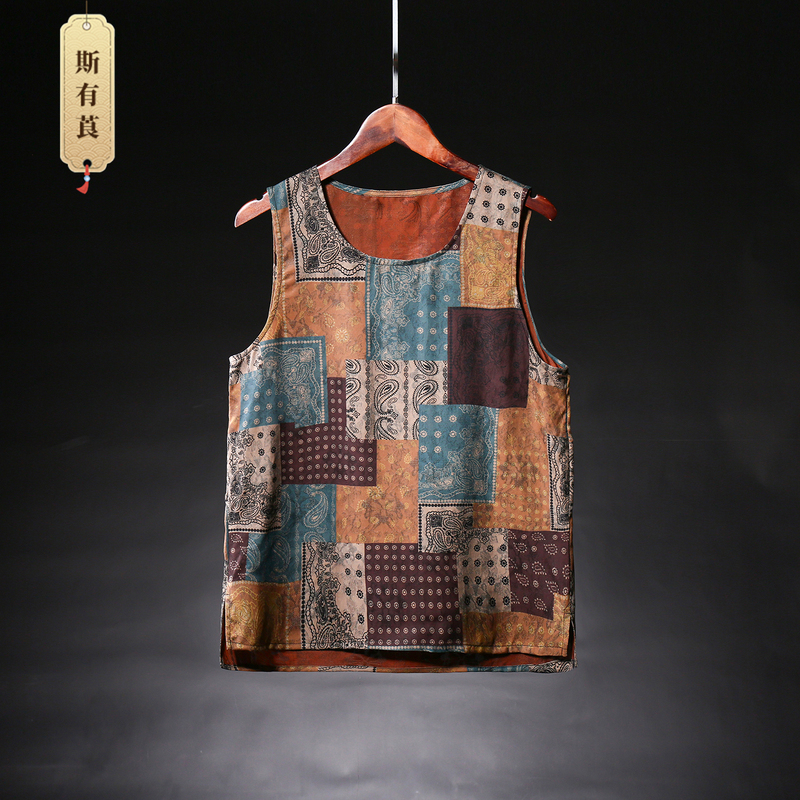 Floral Red Cloud Silk Men's Round Neck Vest, Summer Sleeveless Versatile Loose High-End Feel Mulberry Silk Top