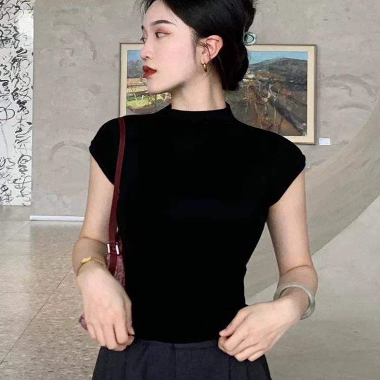 French-Style Half-High Collar Tencel Knit Flutter Sleeve Top for Women, Summer Thin Raglan Sleeve Black Pullover T-Shirt