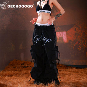 Geckogogo American Retro Street Style Multi-Pocket Drawstring Two-Tone Embroidered Loose Wide-Leg Cargo Parachute Pants