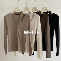 White Korean version of hollow V-neck long sleeve ice silk cardigan design sense single-breasted slim knit top women