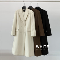 WHITE suit collar solid color long temperament double-breasted windbreaker Korean version all-match long-sleeved over-the-knee suit jacket female