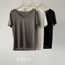2021 summer white light solid color v-neck short-sleeved T-shirt foreign-made silky cotton half-sleeved skintop women