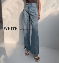 2021 early autumn new white straight barrel split cotton denim pants high waist slim blue wide leg pants women