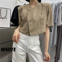 WHITE handsome small collar half sleeve short small suit jacket high waist slim zipper frock thin coat female summer