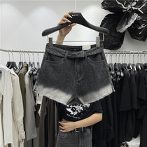 2022 Summer WHITE Gradient Raw Edge High Waist Shorts Cotton Denim Slim Thin Stained Lace Casual Hot Pants Women