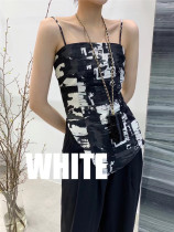 2022 summer white big brand self-cultivation irregular black and white printed suspenders sexy abstract slanted side sleeveless vest female