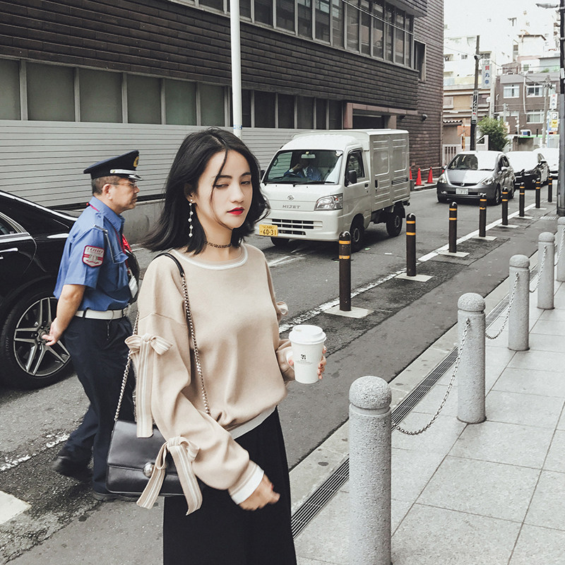 2017冬装新款韩版宽松蝴蝶结针织衫毛衣女秋冬长袖套头打底衫上衣