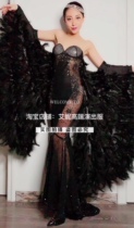 TT high-end nightclub bar female singer sexy perspective black diamond big goose feather dress evening dress performance costume