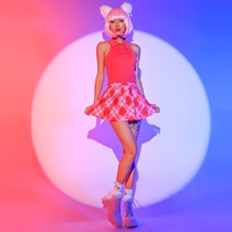 TT high-end nightclub bar singer djds dance team gogo cute beautiful girl pink skirt suit costume
