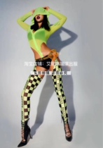 TT High-end Nightclub Bar Singer Djds Dance Team Gogo Sexy Black Plaid Hollowed-out Green Hat Suit Play Out