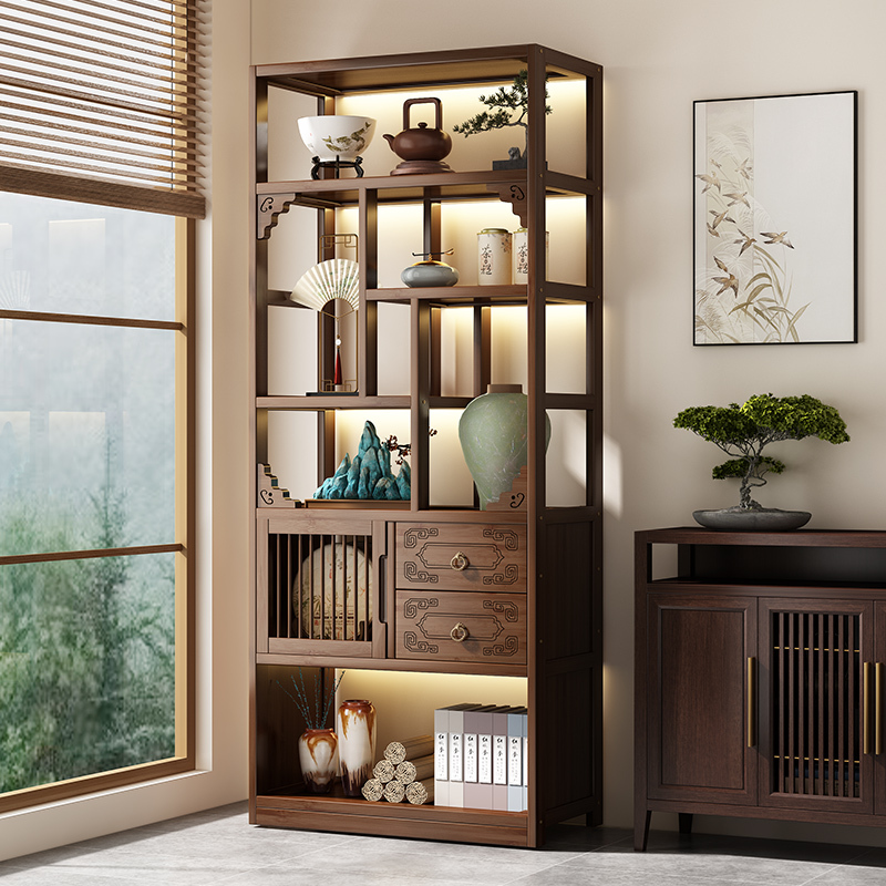 Antique Display Cabinet for Tea and Wine, New Chinese-Style Storage Rack for Living Room, Antique Ornament Cabinet, Book Storage