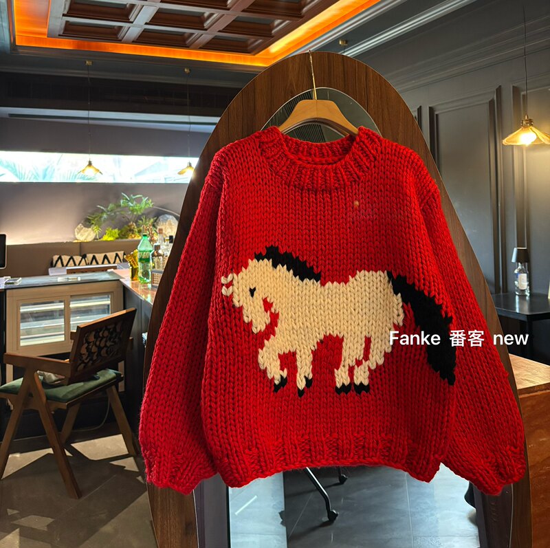 Hand-Knitted Chunky Yarn Cute Cartoon Playful Jacquard Christmas Atmosphere Year of the Horse Red Knitted Sweater for Women