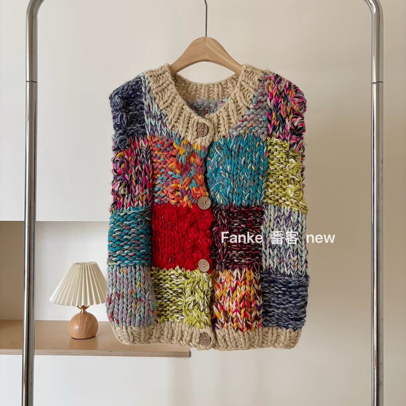 Hand-Crocheted Heavy-Duty Sweater, Rainbow Plaid Knitted Vest, Round-Neck Lazy Sweater Cardigan for Autumn and Winter Outerwear Hand-Crocheted Heavy-Duty Sweater, Rainbow Plaid Knitted Vest, Round-Neck Lazy Sweater Cardigan for Autumn and Winter Outerwear