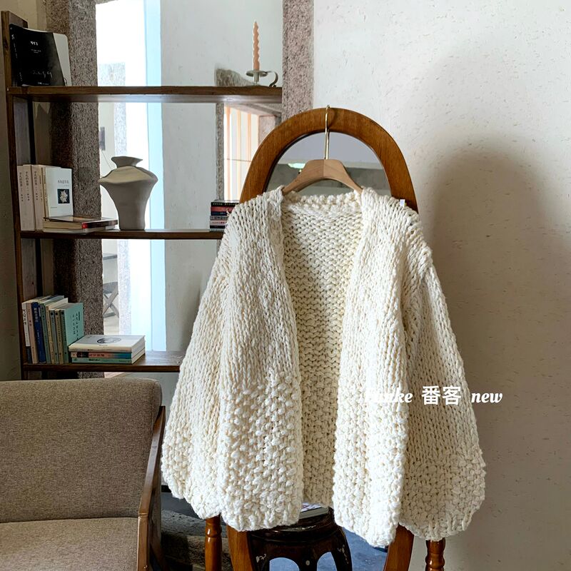 Loose and Lazy Style Lantern Sleeve Handmade Thick Stick Needle Thickeneded Apricot Knitted Cardigan Jacket Large Sweater Top for Women Trendy