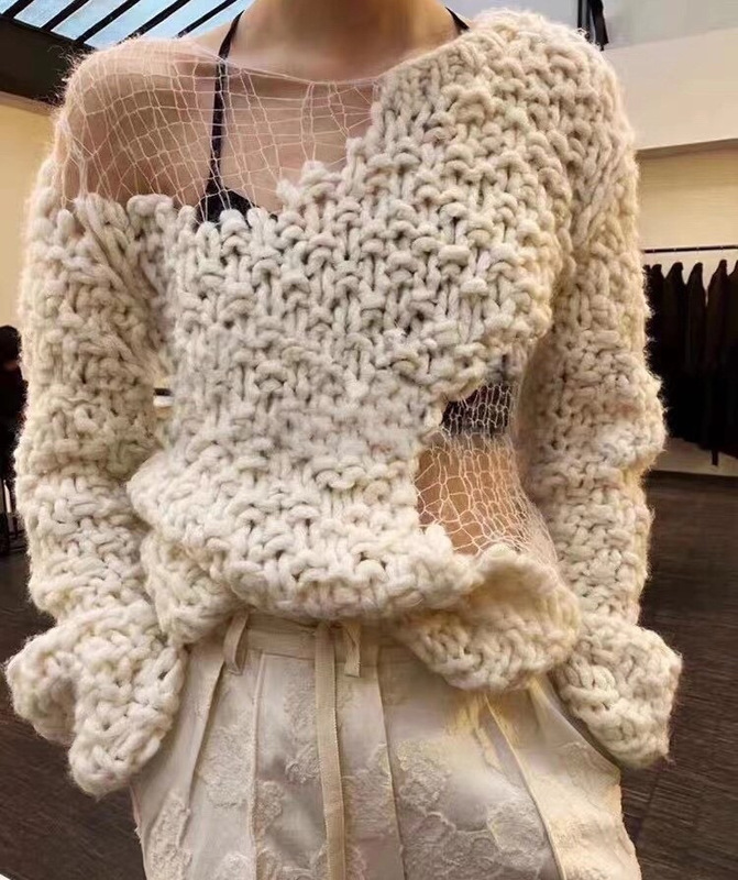 European Station 2025 Autumn/Winter New Style Hollow Mesh Patchwork Chunky Knit Heavy Craft Knitwear Long Sleeve Thickened Sweater
