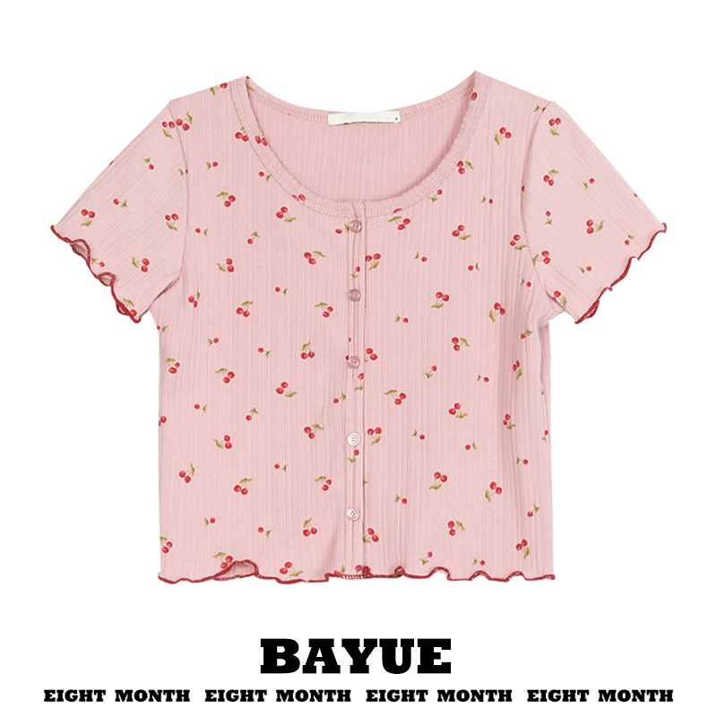 Sweet Pink Cherry Short-Sleeve T-Shirt for Women, Summer Design with Unique Ruffled Edges, Slim-Fit Short Knit Top Sweet Pink Cherry Short-Sleeve T-Shirt for Women, Summer Design with Unique Ruffled Edges, Slim-Fit Short Knit Top