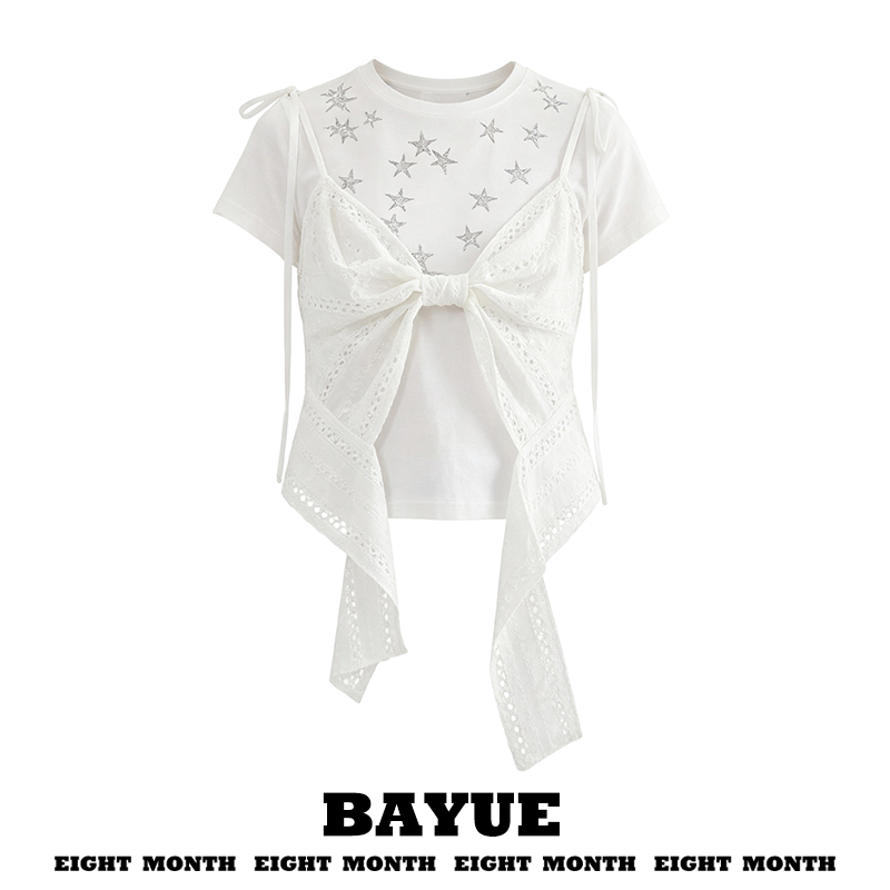 Starfall Mist Island Ballet-Style Star Bow Patchwork T-Shirt for Women, New Summer Unique and Beautiful Slim-Fit Top Starfall Mist Island Ballet-Style Star Bow Patchwork T-Shirt for Women, New Summer Unique and Beautiful Slim-Fit Top