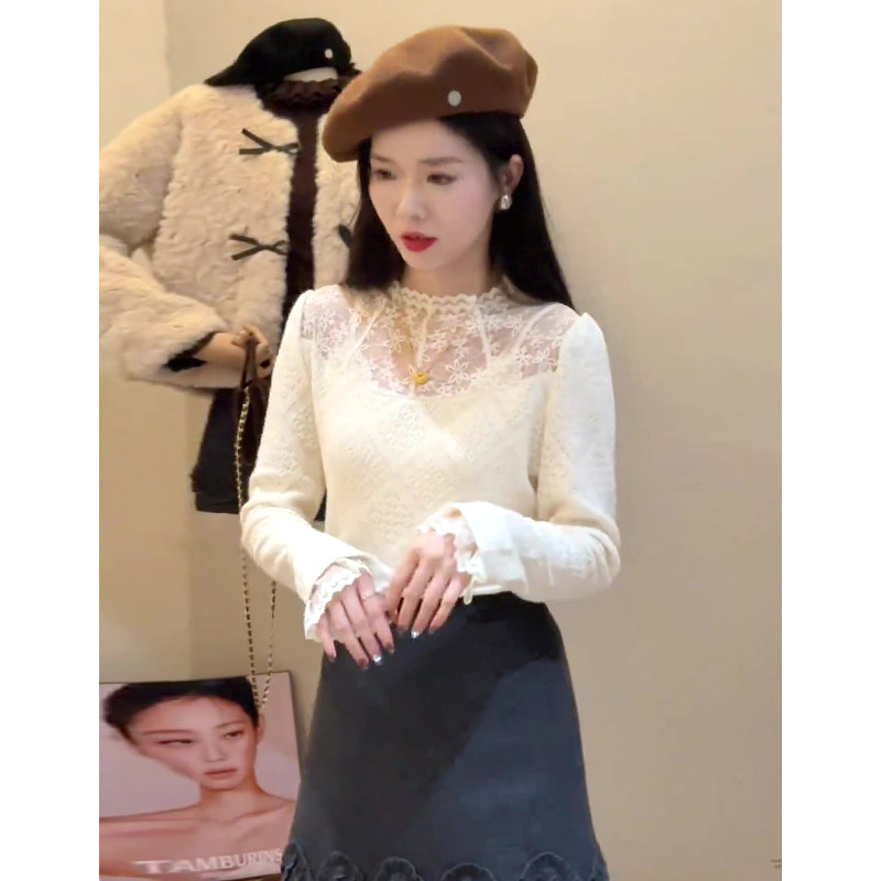 Французская легкая зрелая темпераментная кружевная рубашка с низом, новинка 2025 года, полувысокий воротник, тонкая высококачественная полая кружевная блузка для женщин